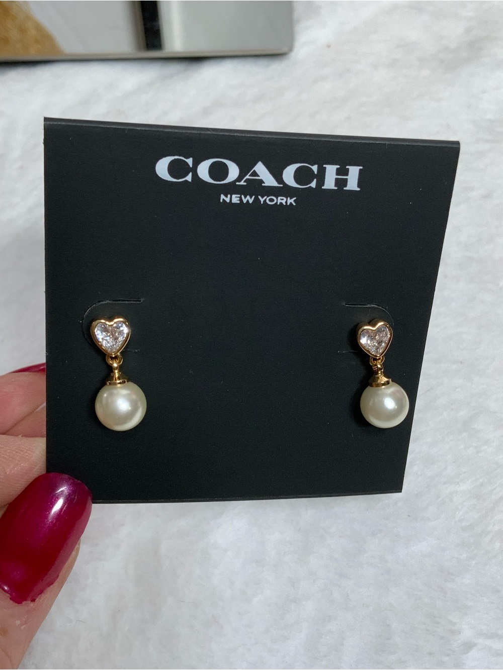 Coach Gold Heart Stud Earrings with White Pearl Drops